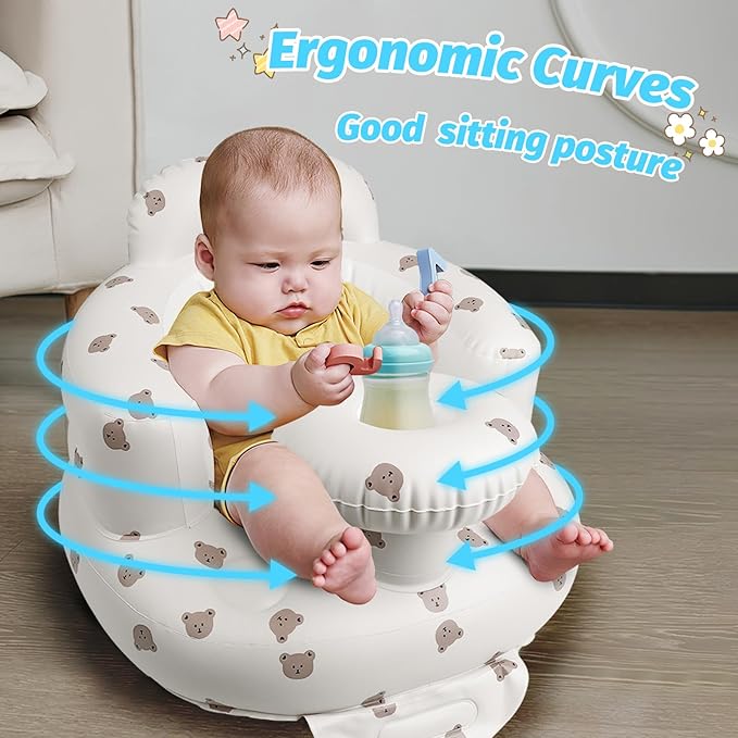 Zenflux Inflatable Baby Chairs with Tray for Babies 3 Months and Up, Sit Me Up Floor Seats for Sitting Up, Built in Air Pump Baby Seats for Kids, Blow Up Baby Chair with Back Support - Cute Bear
