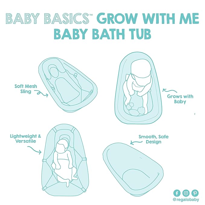 Regalo Baby Basics 3-in-1 Grow with Me Baby Bathtub with Foam Padded Air Mesh Sling, Adjustable Infant Bath Tub for Newborn to Toddler, Baby Bath Seat Support, Easy Clean with Drying Hook