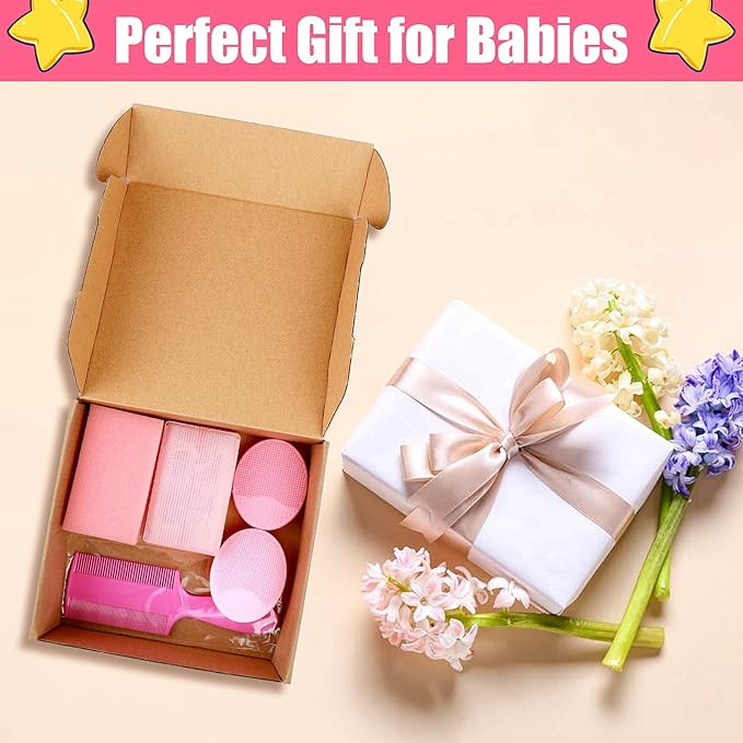 Cradle Cap Brush for Babies, 5Pcs Cradle Cap Treatment Set with Soft Bristle Brushes Silicone Scrubber Long Comb for Newborn Bathing Essentials Baby Brush and Comb Set (Pink)