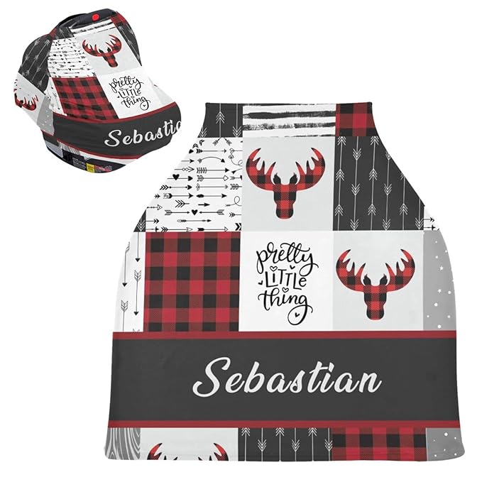 Multi-Use Baby Car Seat Cover Personalized, Customized Woodland Deer Nursing Cover with Name, Breathable Breastfeeding Covers Soft Infant Stroller Canopy, Gift for Newborn Boys Girls
