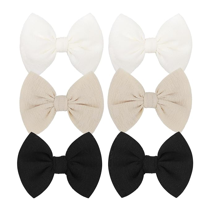 Baby Girls Hair 3'' Bows Clips Set Handmade Bow Hair Clips Hair Accessories Alligator Clip for Babies Infant Toddlers Little Kids 6 PCS Black White Beige