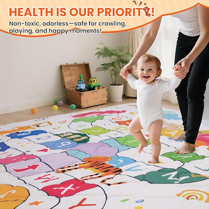 Baby Play Mat for Floor,50x50 Inch Soft Padding Crawling Mat, Foldable and Machine Washable, Thick for Babies & Toddlers,Animal School