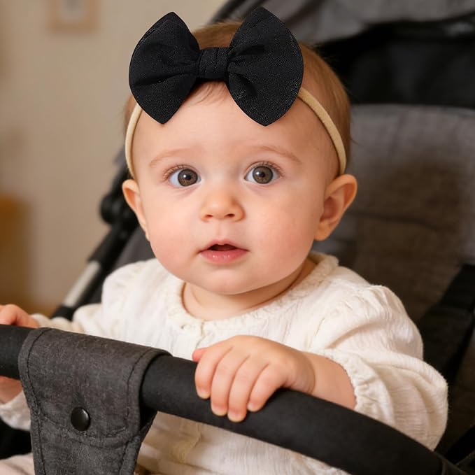 yoyokid 3PCS 4" Baby Girls Bow Headband, Elastic Nylon Hairbands Soft Baby Hairbands with Bows Hair Accessories for Newborn Infant Toddler, Beige Black White