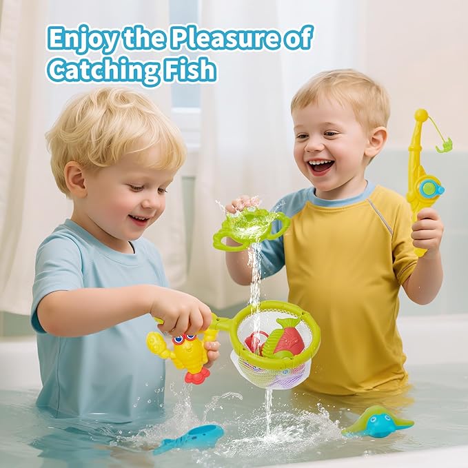 Toddler Bath Toys for Kids Ages 1-3, 26PCS Mold Free Bathtub Pool Water Table Toys with Pole Rod Net Outdoor Plastic Floating Fish and Mesh Bag, Birthday Gifts for Kids Age 3 4 5 6 7 8 Year Old