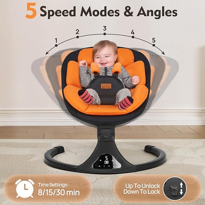 Baby Swings for Infants, Portable Baby Swing for Newborns with Bluetooth, Electric Infant Swing with 5 Speed Motions, 12 Soothing Melodies & Remote Control (Max 20 lbs, Orange)