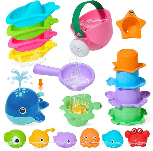 Baby Bath Toys for Kids Ages 1-3, 17PCS Mold-Free Toddler Bath Toys, Colorful Bath Boats & Stacking Cups &Whale Bath Toy, No Hole Floating Tub Toy and Storage Bag, Baby Pool Water Table Toys
