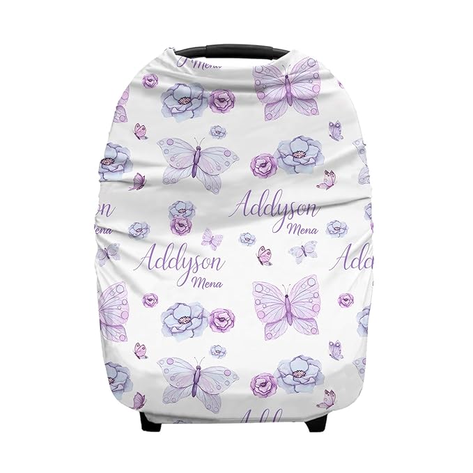 Personalized Baby Car Seat Cover for Girls, Custom Purple Butterfly Nursing Covers for Breastfeeding with Name, Infant Stroller Cover, Baby Carseat Canopy for Newborn, Multiuse Car Seat Canopies