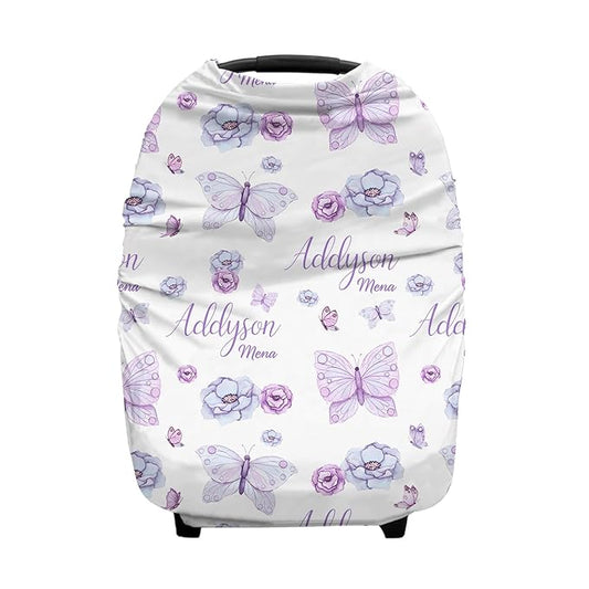 Personalized Baby Car Seat Cover for Girls, Custom Purple Butterfly Nursing Covers for Breastfeeding with Name, Infant Stroller Cover, Baby Carseat Canopy for Newborn, Multiuse Car Seat Canopies