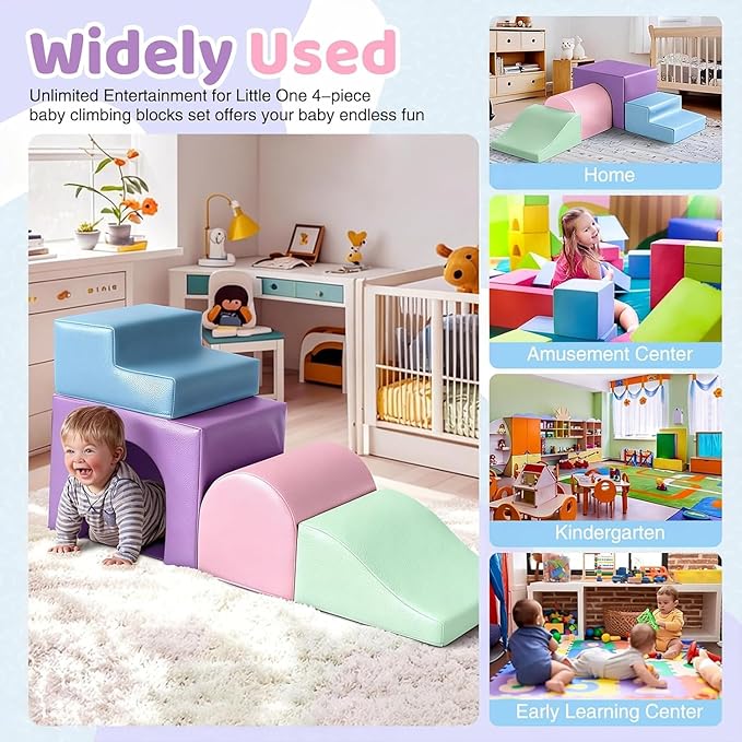 Sumbababy Soft Climbing Blocks Set for Toddlers: 4 PCS Foam Play Structures with Tunnel - Indoor Playground for Kids with Slide and Stairs - Safe Play Gym for Boys and Girls