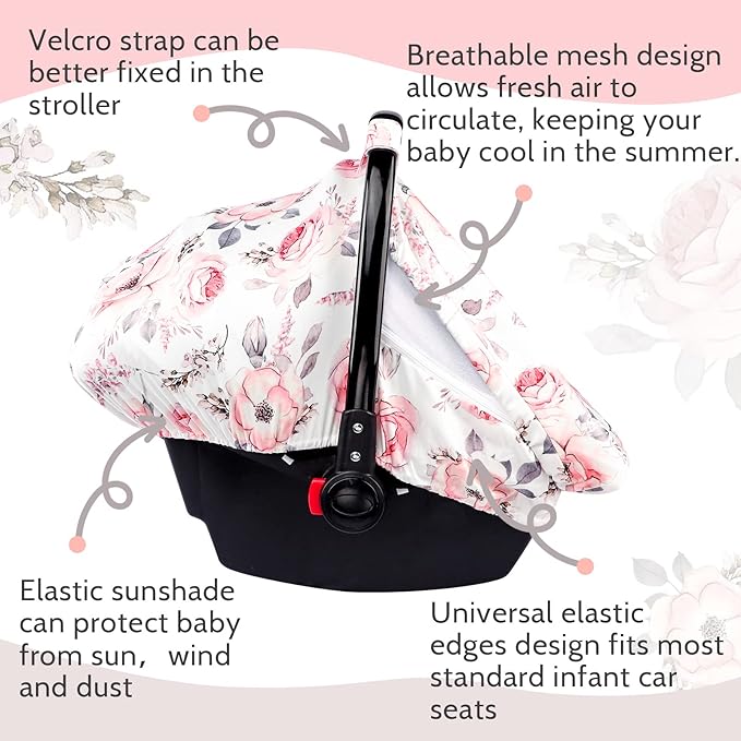 Carseat Cover Girls, Floral Baby Carseat Canopy with Zipper Mesh, Infant Stroller Cover, Watercolor Pink Flower
