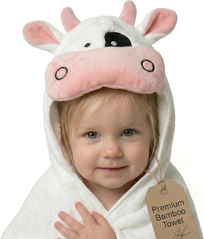 POCASOPA Hooded Towel with Cute Cow Vaquita Design - Rayon Made from Bamboo - Premium Baby Gift - Ultra Soft, Absorbent & Hypoallergenic - Large 35x35” Organic Towel for Newborns, Toddlers & Kids