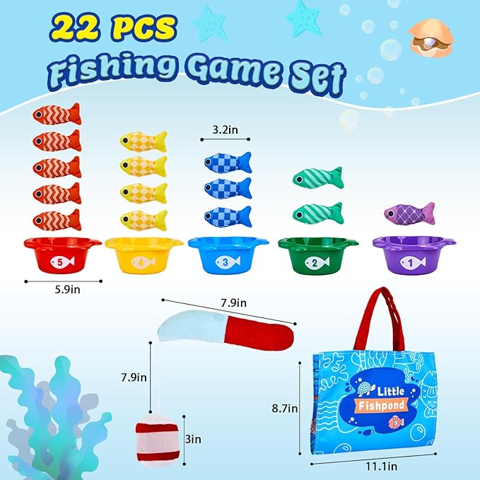 Montessori Toys for 1 Year Old Boy Girl Birthday Gift- Cloth Fishing Game for Toddler1-3 with Stacking Cups Number Color Counting, Learning Educational Toys Baby Toys 12-18 Months