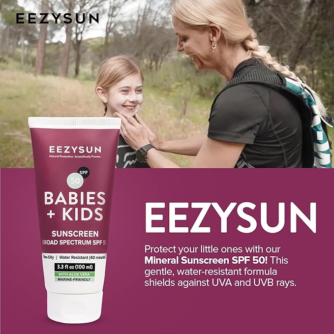 EEZYSUN SPF 50 Mineral Sunscreen for Kids & Babies - Non-Greasy, Water Resistant, Gentle for Sensitive Skin Baby Sunscreen with Aloe Vera - Cruelty-Free - Sun Protection for Face & Body - 3.3 fl oz