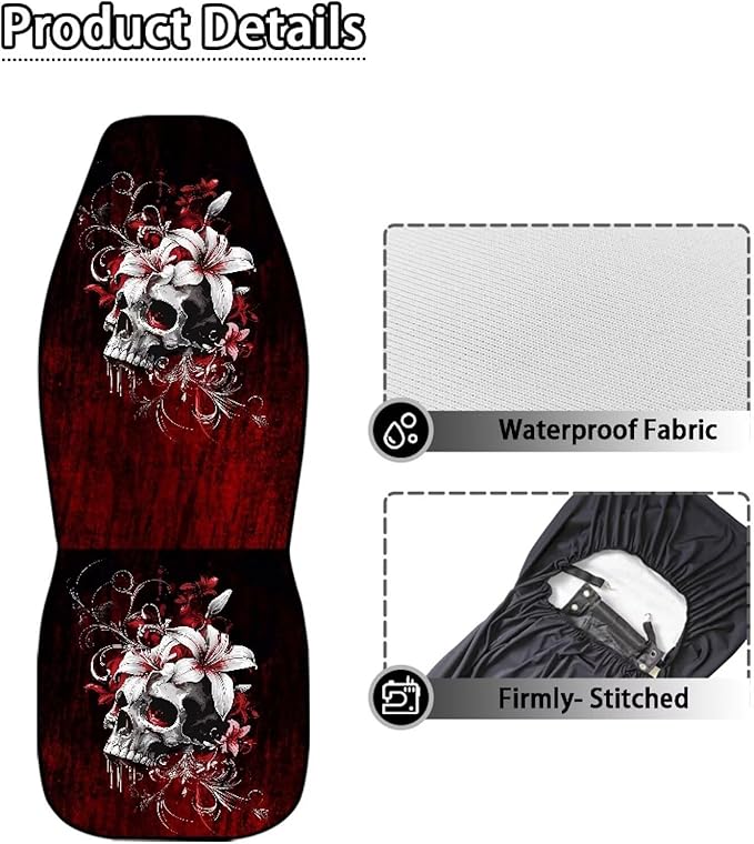 Skull Car Seat Covers for Front Seat Waterproof Car Seat Cover Protection Interior Accessories Easy to Install and Clean Universal for Cars Truck SUV Van