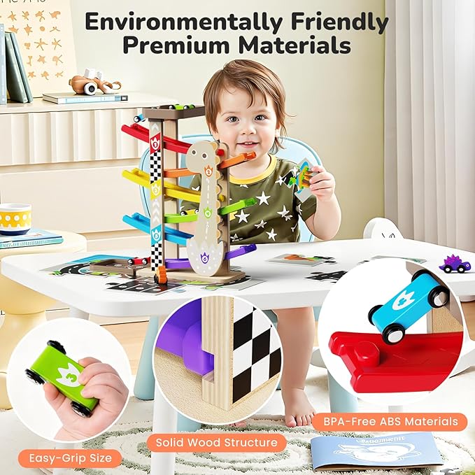 Wooden Car Ramp Set for Toddlers 1-3 Years Old Montessori Race Track Toy with 8 Mini Cars, Garage & Parking Lot, Educational Learning Toys First Birthday Baby Gifts for Boys & Girls 2-4 Year Old Kids