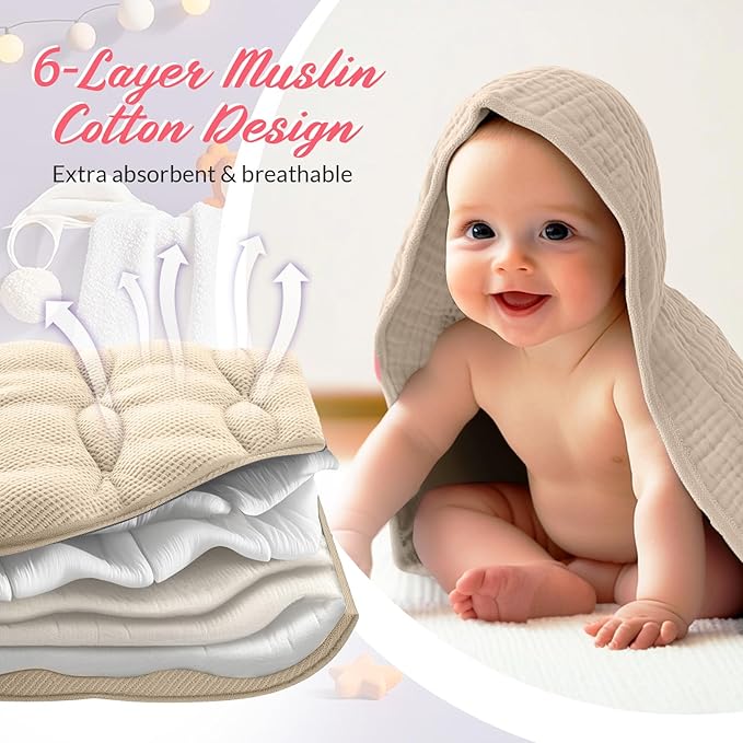 Hahafelt 6 Pcs Muslin Hooded Bath Towels Washcloths and Bibs Set, Muslin Cotton Baby Towels Absorbent Hooded Blanket Towel Infant Bibs for Boys Girls Newborn Infant Essential(Pink, Brown)