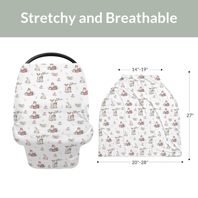 Neutral Boho Animal Baby Car Seat Covers Deer Rabbit Fox Floral Mushroom Stretchy 5-in-1 Cover Adjustable Infant Carseat Canopy Cover Baby Forest Animals Breathable Nursing Cover-Up