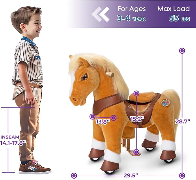 PonyCycle Pony Ride on Horse Toy Size 3 Plush Mechanical Advanced Model Y with Brake Riding Horse for Ages 3–4, No Electricity Needed, Birthday Gift for Boys and Girls Light Brown Y371