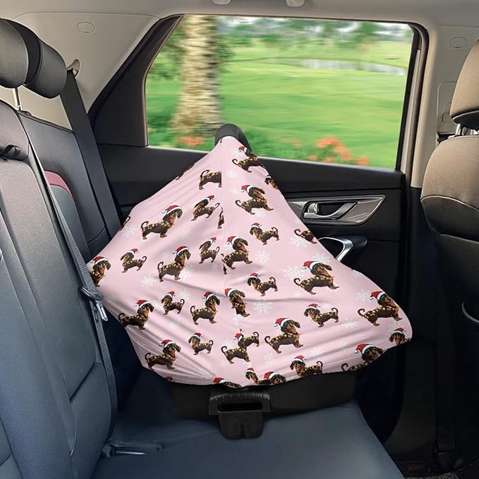 AFPANQZ Christmas Dachshund Baby Car Seat Cover Canopy and Nursing Cover Infant Baby Car Canopy Cover Warm Breathable Windproof Open Peep Top Universal Fit