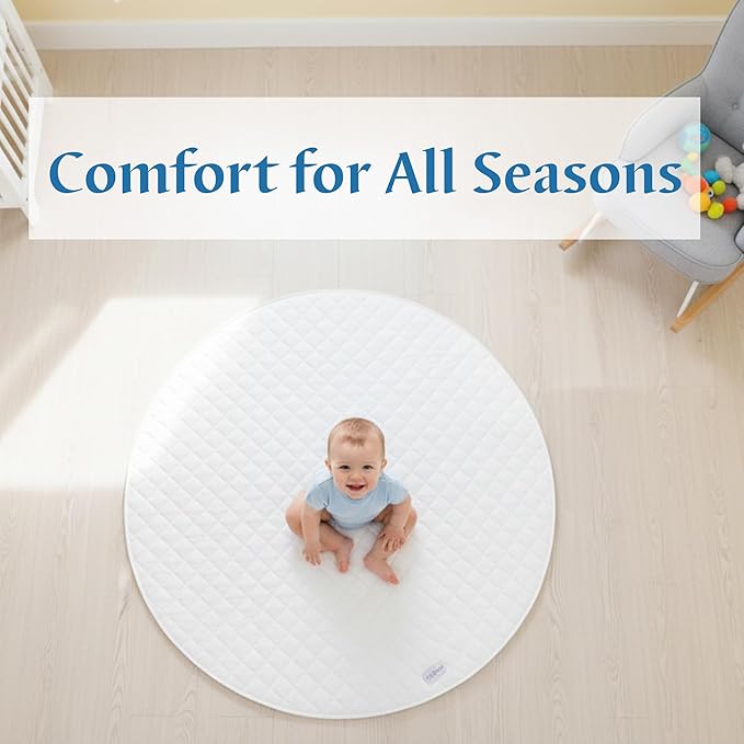 Baby Playmat 47x47 inch | Soft Linen Cotton, Non-Slip & Foldable | Washable Indoor Outdoor Mat for Infants & Toddlers with Carry Bag (Round) (Ivory Cloud)