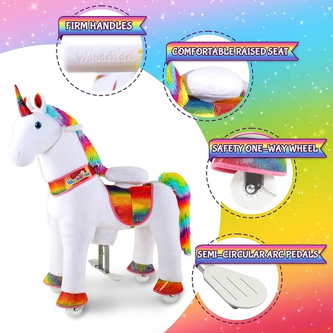 WondeRides Ride on Unicorn Horse Toys Pony Rider Rocking Horse with Wheels, 30.1 inch Height Plush Walking Animal Mechanical Riding Pony No Battery (Rainbow, Size 4 for Age 4-9)