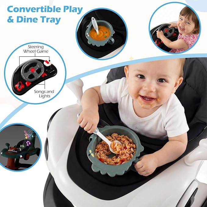 INFANS 6-in-1 Foldable Baby Walker, Converts Push Car to Bouncer, Rocker with Music, Lights, Adjustable Height & Speed, Activity Center, Canopy for 7-18 Months (Dark)