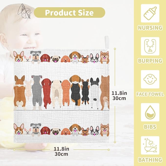 Dog Faces Baby Muslin Washcloths Cute Burp Cloths Soft Absorbent Baby Wash Cloth Fingertip Face Towels for Newborn Boys Girls 12 x 12 in, 5 Pack