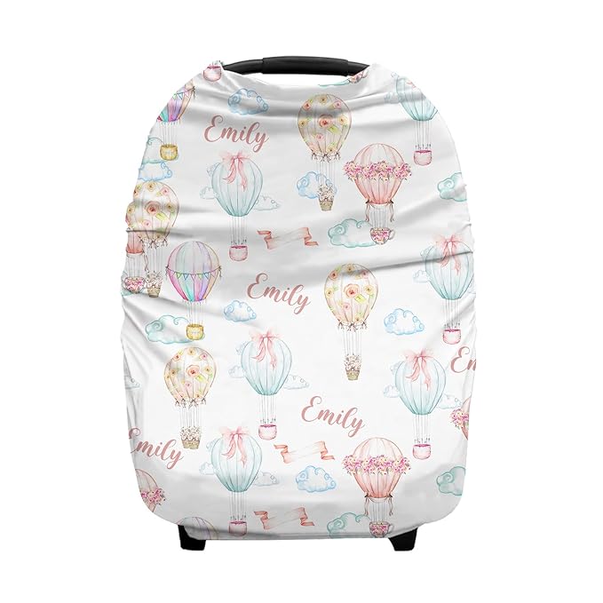 Personalized Baby Car Seat Cover for Girls, Custom Nursing Covers with Name, Hot Air Balloons Pattern, Universal Fit, Water Resistant, Linen, Cotton