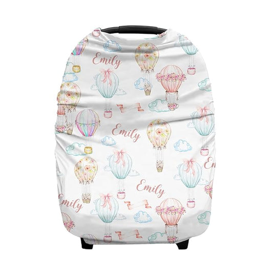Personalized Baby Car Seat Cover for Girls, Custom Nursing Covers with Name, Hot Air Balloons Pattern, Universal Fit, Water Resistant, Linen, Cotton