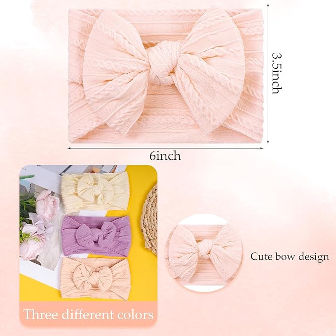 baotongle 3pcs Baby Girls Headbands Soft Stretchy Nylon Hair Bands Hair Accessories with Bows for Newborn Baby Girls Infant Toddlers Kids(Beige,Violet,Peack Pink, 5.7inches)