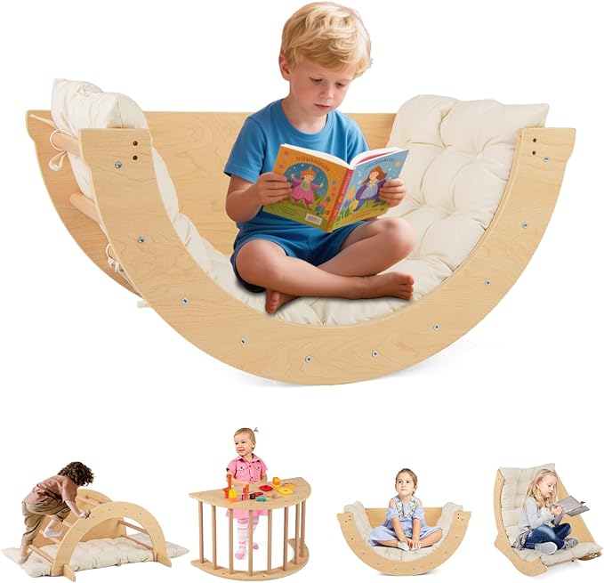 INFANS Wooden Arch Climber Rocker with Soft Cushion, 6 in 1 Montessori Climbing Toys for Toddlers, Waldorf Indoor Table Baby Children Ladder Gym Learning Playset for Kids (Natural with Desktop)