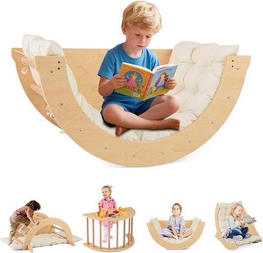 INFANS Wooden Arch Climber Rocker with Soft Cushion, 6 in 1 Montessori Climbing Toys for Toddlers, Waldorf Indoor Table Baby Children Ladder Gym Learning Playset for Kids (Natural with Desktop)