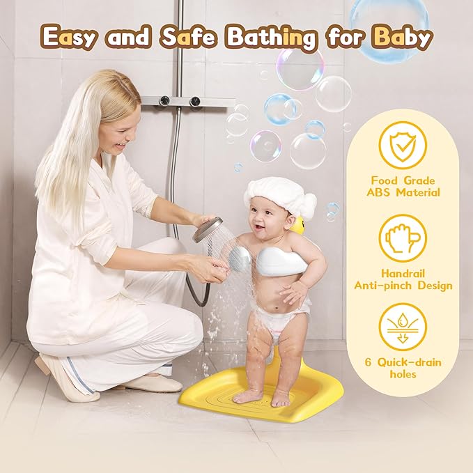 JUNEU Baby Shower Stand, Adjustable Height Baby Bath Stand with Enlarged Anti-Slip Base, Toddler Shower Standing Support, Soporte para Bañera de Bebe, Ideal Gift for Infant 6–36 Months (Yellow Duck)