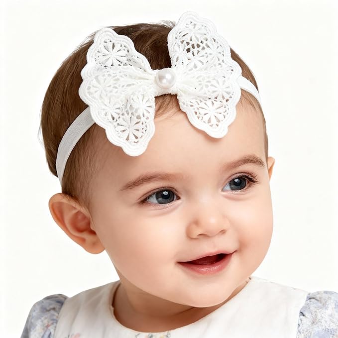 Baby Girls Hairbands bows Headband Stretchy Soft Flower Hairband Toddler Handmade Headbands with Pearls Elastic Headband for Infant Toddler Girl Hair Accessories (Hollow Bow, Elastic)