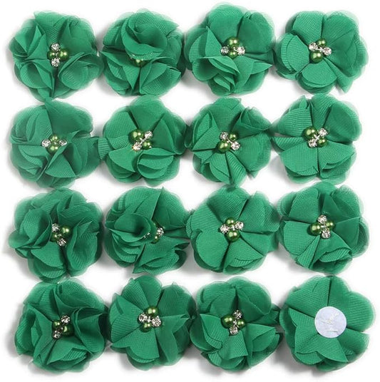 50 Pcs 2" Mini Chiffon Flowers with Rhinestones for Baby Girls Hair Accessories Artificial Fabric Flowers for Headbands Craft Projects (Green)