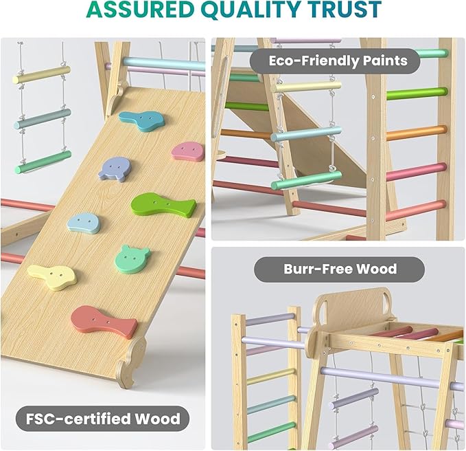 BlueWood Upgraded Indoor Jungle Gym 9-in-1 Playground Kids Climbing Toys, Waldorf Style Wooden Climber Playset with Slide, Swing, Monkey Bars, Upright/Rope Ladder, Climb Net, Colorful