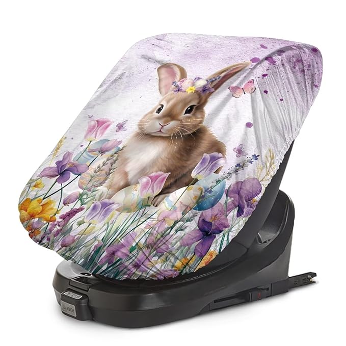 Car Easter Decorations Baby Car Seat Cover Cute Bunny Car Sun Shade Cover for Baby, Infant Car Seat UV Protection Cover Protector, Keep Baby Toddler Cool and Safety