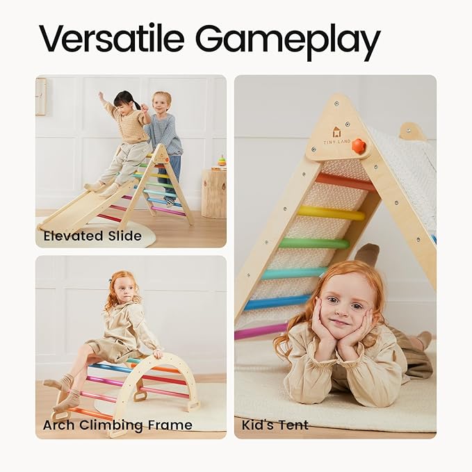 Tiny Land Pikler Triangle Set, 7-in-1 Foldable Pikler Triangle Climbing Toys Set for Kids,Baby Indoor Playground Jungle Gym, Wooden Montessori Climbing Set for Toddler (Rainbow)