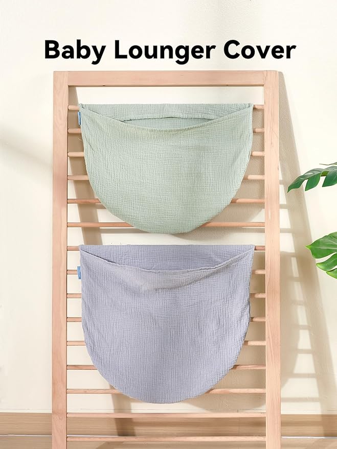 TILLYOU Muslin Baby Lounger Cover, 100% Cotton Newborn Lounger Cover, 2 Pack Baby Nest Slipcover for Boys Girls, Cover Only, Grey and Saga