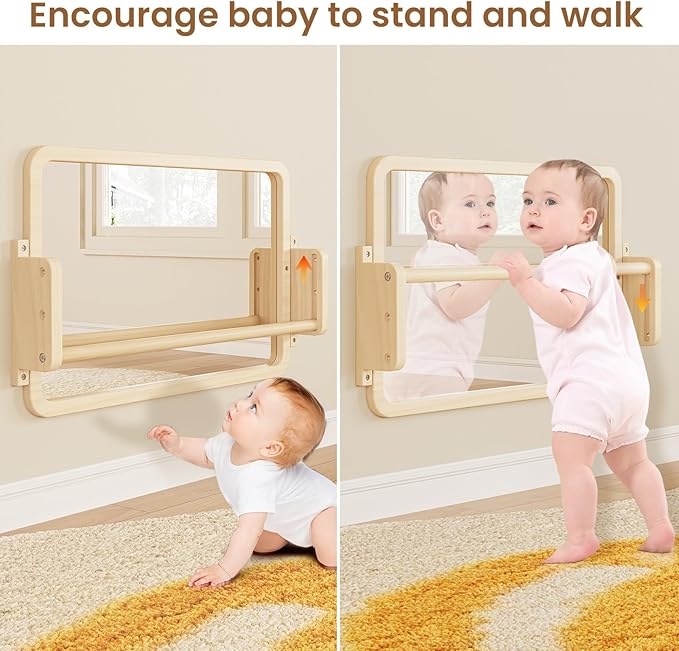 Woodtoe 3-in-1 Montessori Mirror with Bar, Adjustable Toddler Mirror & Pull Up Bar, Montessori Learning Toy for Baby 6-18 Months, Nursery Mirrors, Natural Wood Furniture for Daycare, Kids Classroom