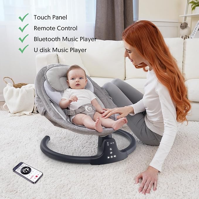 Bluetooth Baby Swing for Infants, Compact & Portable Baby Swing, 3 Seat Positions, 5 Swing Speed, 10 Music, Remote Control, USB Plug-in Power, Reversible Cushion for All Seasons