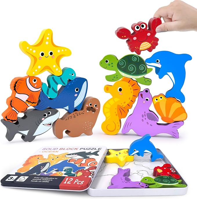 KECIABO Wooden Animal Puzzles Toys for Toddlers,12 Pcs Sea Animals Figures,Animal Matching Sorting Stacking Toy for Boys Child Girls,Educational Learning Toys Gift for Kids