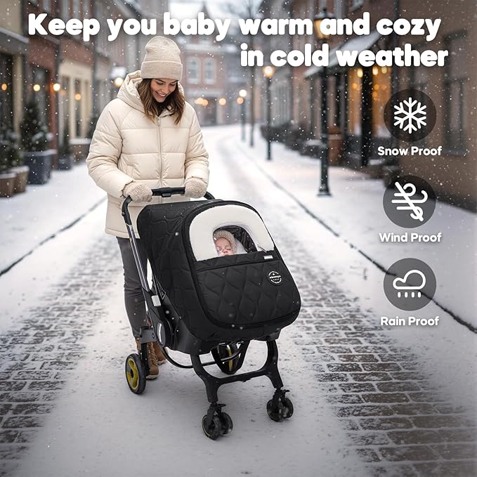 Winter Baby Car Seat Cover, Waterproof, Windproof Warm Fleece Breathable with Full Zipper for Newborn Car Seat, Black