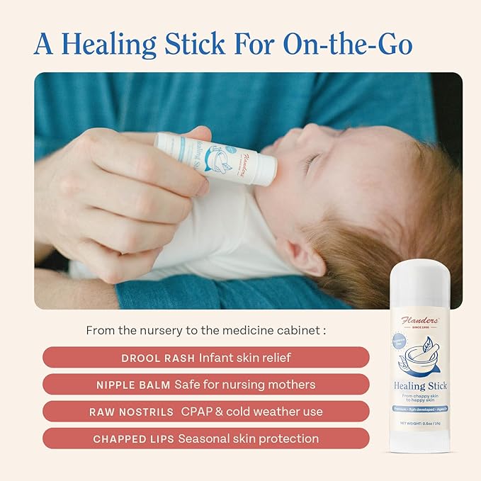 Flanders Healing Balm Stick 0.5oz | Natural Moisturizing Balm for Sensitive Skin, Windburn Protection, Chapped Lip & Dry Skin Relief for All Ages, Lanolin & Fragrance Free, TSA Compliant Size