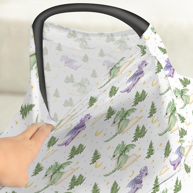 Fantasy Dragons Purple and Green Baby Car Seat Covers Fairytale Dragon Stars Trees Moon Clouds Stretchy 5-in-1 Cover Adjustable Infant Carseat Cover Canopy Cute Animal Breathable Nursing Cover-Up