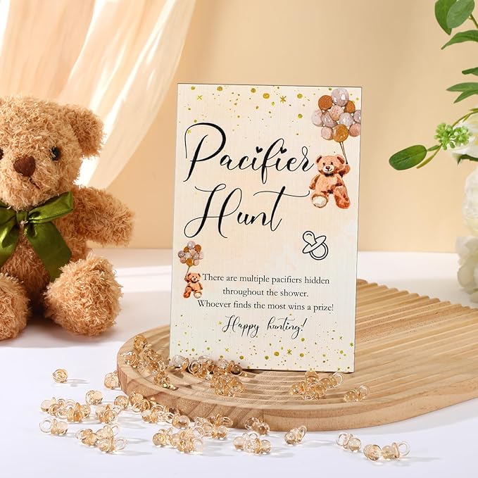 Roowest 51 Pcs Pacifier Hunt BabyShower Games Include Wooden Hunt Sign and 50 Acrylic Mini Plastic Pacifiers for BabyShower Game Decoration Gift Sets Gender Reveal Party(Bear,Brown)