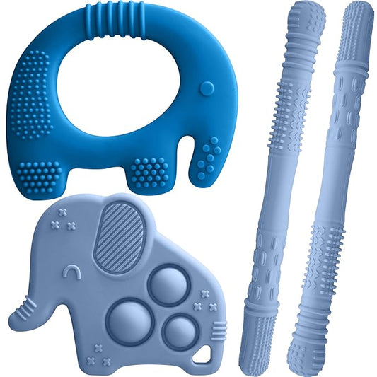 Silicone Baby Teething Toys, Soft Teether Set for Sore Gums, BPA Free Chew Toys for Infants 3+ Months, Textured Teething Relief, Easy Grip Design (Dark Blue)