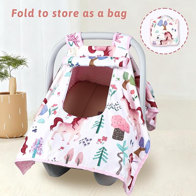 Car Seat Cover Baby,Man Fai Sky Infant Car Seat Covers Girl with Breathable Mesh Peep Window,Windproof and Peek-Proof Newborn Carrier Canopy for 4 Seasons,Pink