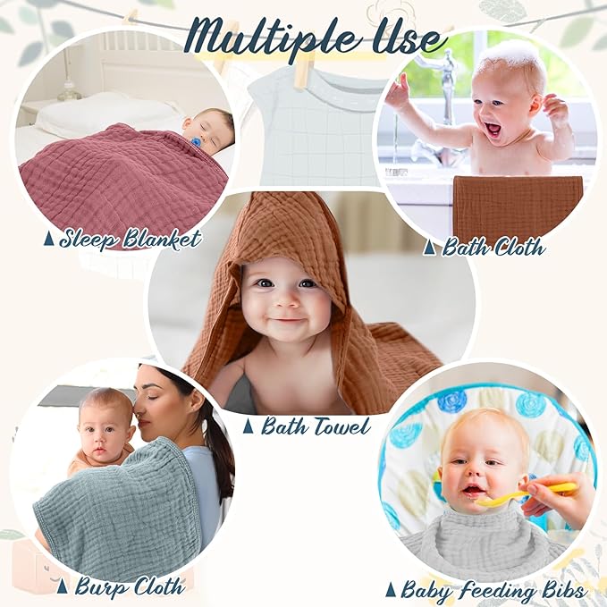 VitalCozy 12 Pcs Baby Muslin Hooded Bath Towels and Washcloths Muslin Cotton Hooded Baby Towels Absorbent Blankets for Gift Newborn Infant Shower (32 x 32 Inch,Multicolor)
