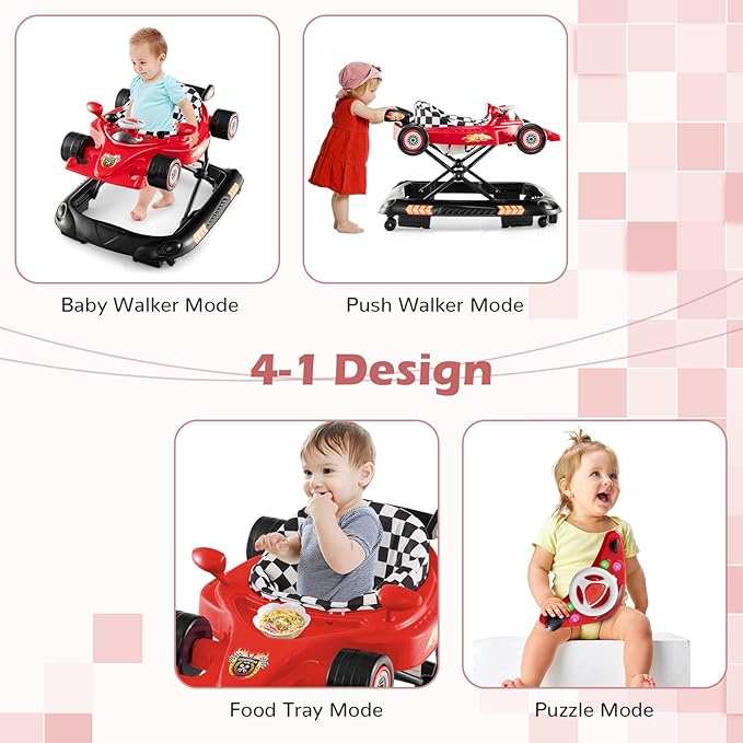 BABY JOY 4-in-1 Baby Walker, Foldable Activity Walker with Adjustable Height, Music & Lights, Anti-Rollover, Toddler Push Walker, Baby Walker with Wheels for Boys Girls 6-14 Months (Red)